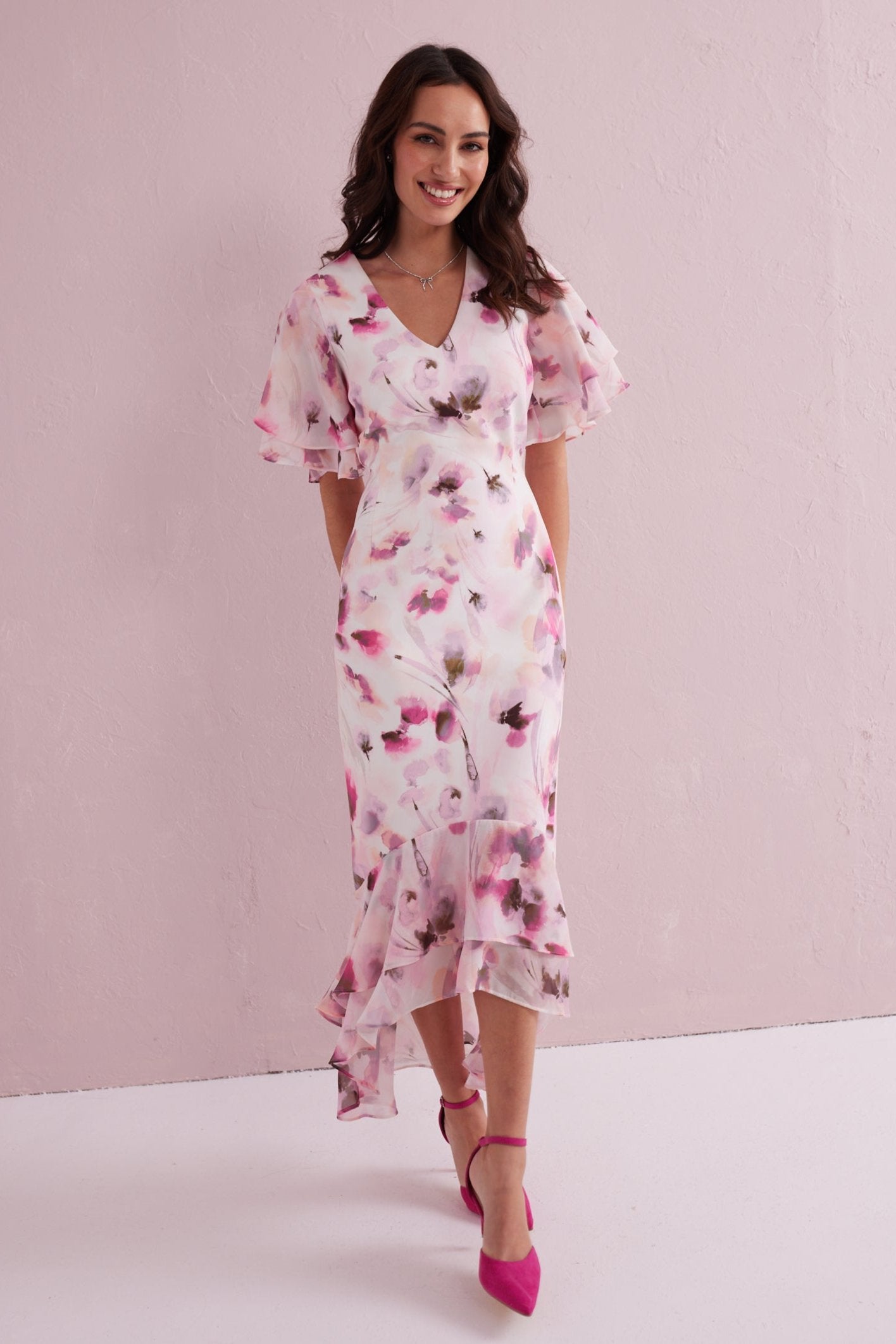 ASTRID Blush Floral Print Hi Low Dress with Chiffon Frill. Exclusive to Samantha Jane Boutique
