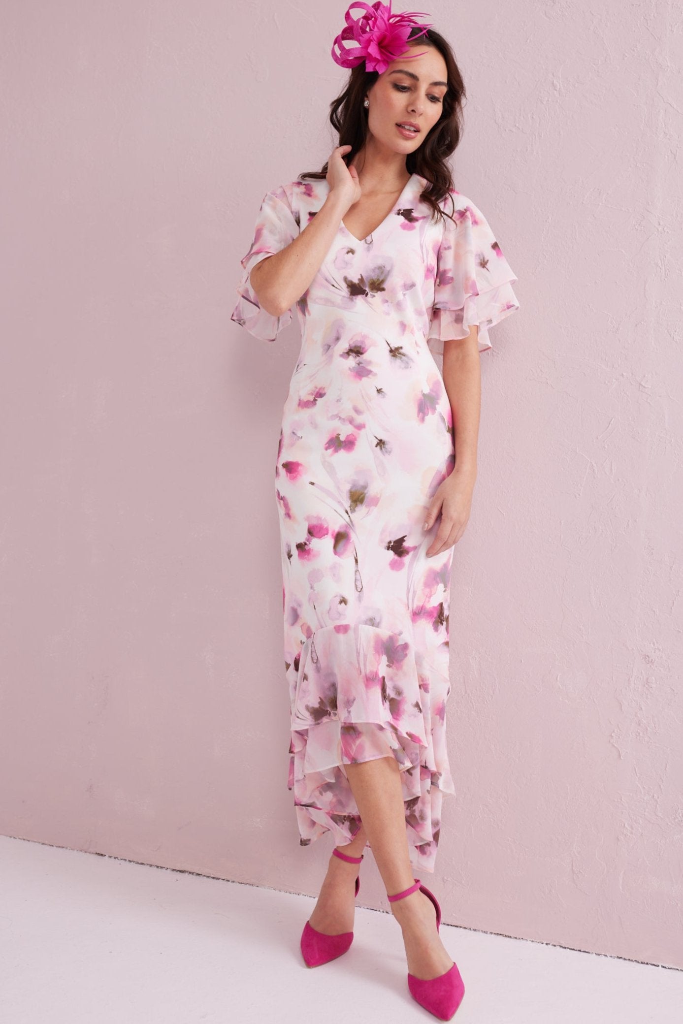 ASTRID Blush Floral Print Hi Low Dress with Chiffon Frill. Exclusive to Samantha Jane Boutique