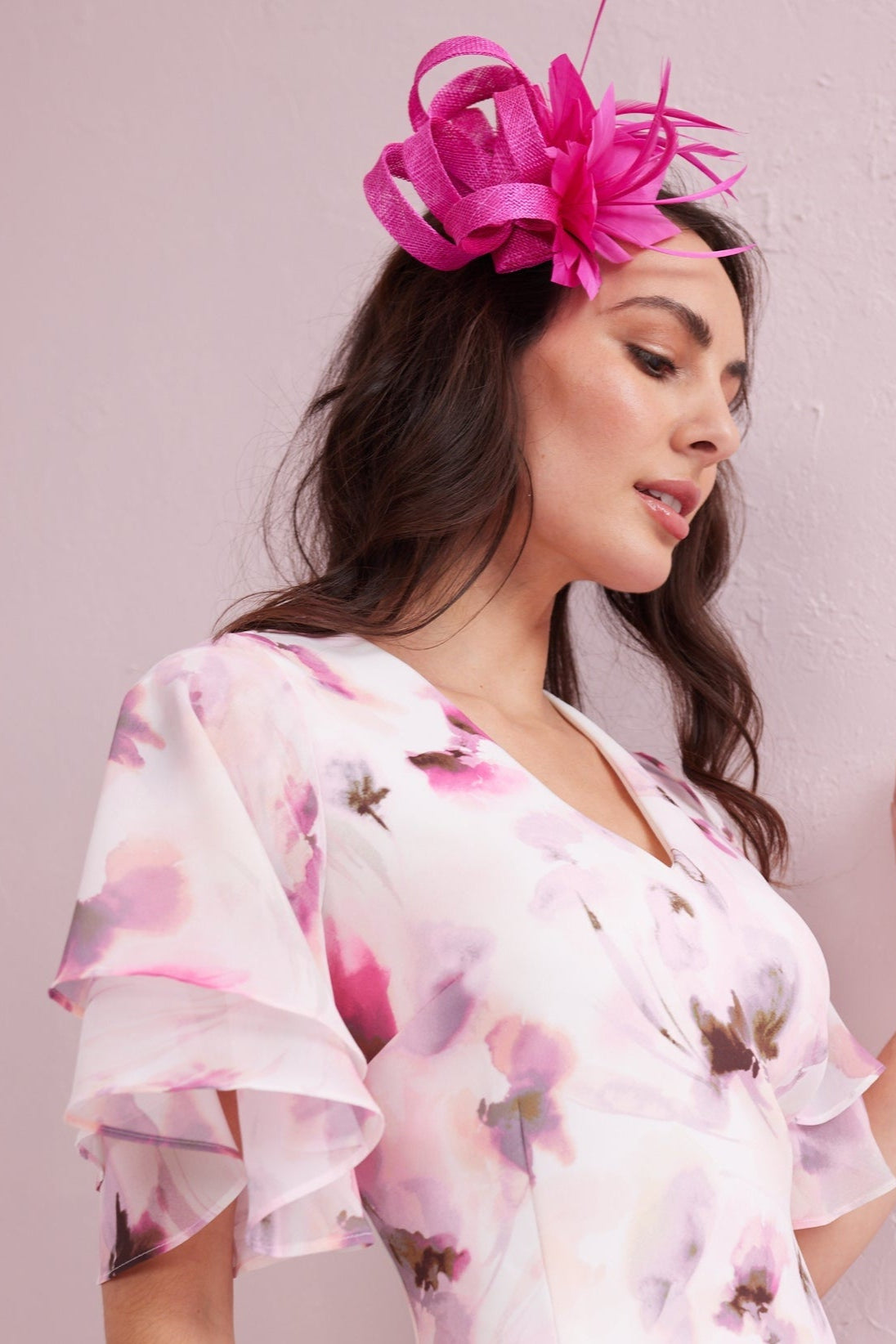 ASTRID Blush Floral Print Hi Low Dress with Chiffon Frill. Exclusive to Samantha Jane Boutique