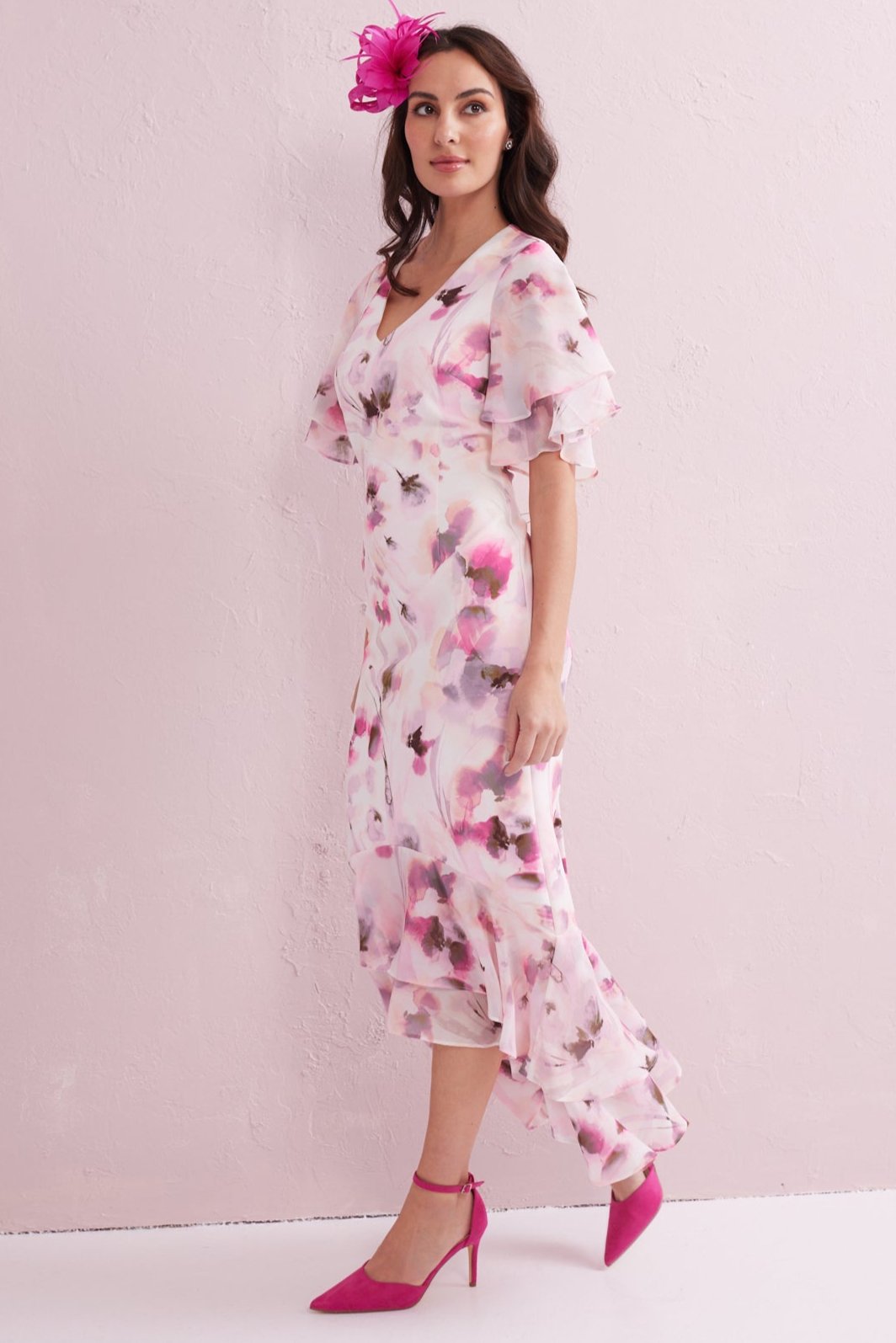 ASTRID Blush Floral Print Hi Low Dress with Chiffon Frill. Exclusive to Samantha Jane Boutique