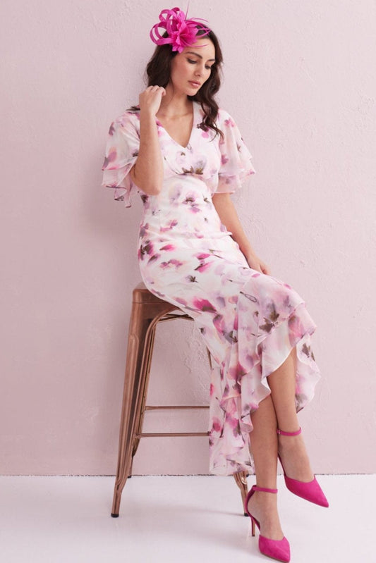 ASTRID Blush Floral Print Hi Low Dress with Chiffon Frill. Exclusive to Samantha Jane Boutique
