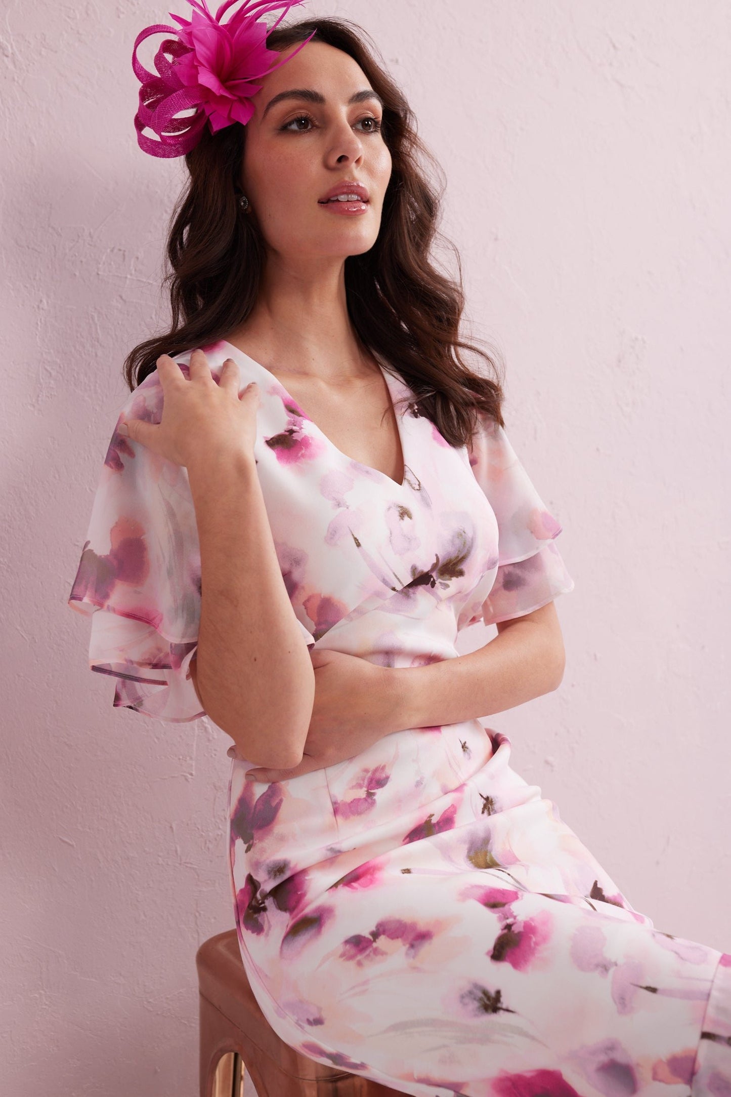 ASTRID Blush Floral Print Hi Low Dress with Chiffon Frill. Exclusive to Samantha Jane Boutique