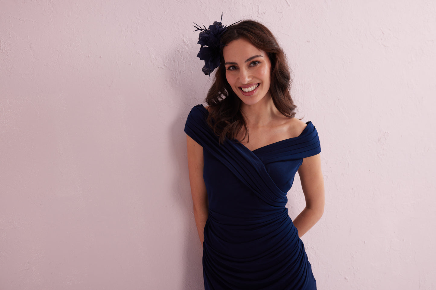 JULIET Navy Draped Bardot Dress. Exclusively Samantha Jane Boutique