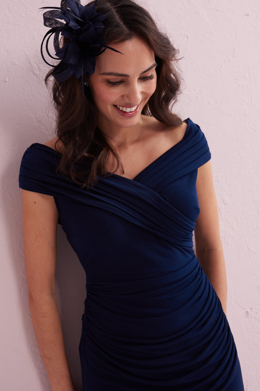 JULIET Navy Draped Bardot Dress. Exclusively Samantha Jane Boutique