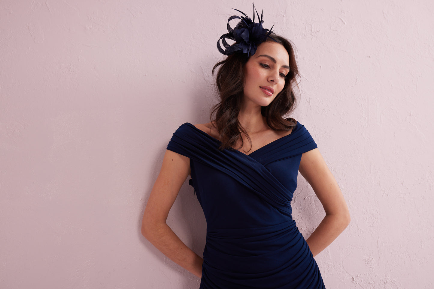 JULIET Navy Draped Bardot Dress. Exclusively Samantha Jane Boutique
