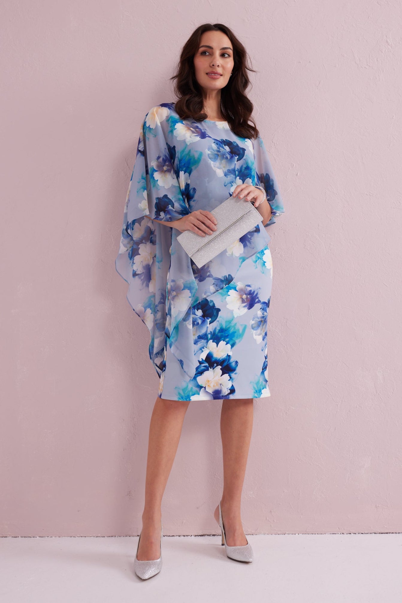 ROSALIE Blue Print Scuba Dress with Chiffon Cape. Exclusively from Samantha Jane Boutique