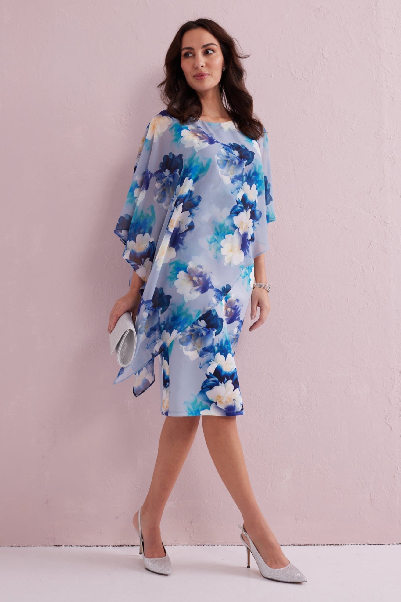 ROSALIE Blue Print Scuba Dress with Chiffon Cape. Exclusively from Samantha Jane Boutique