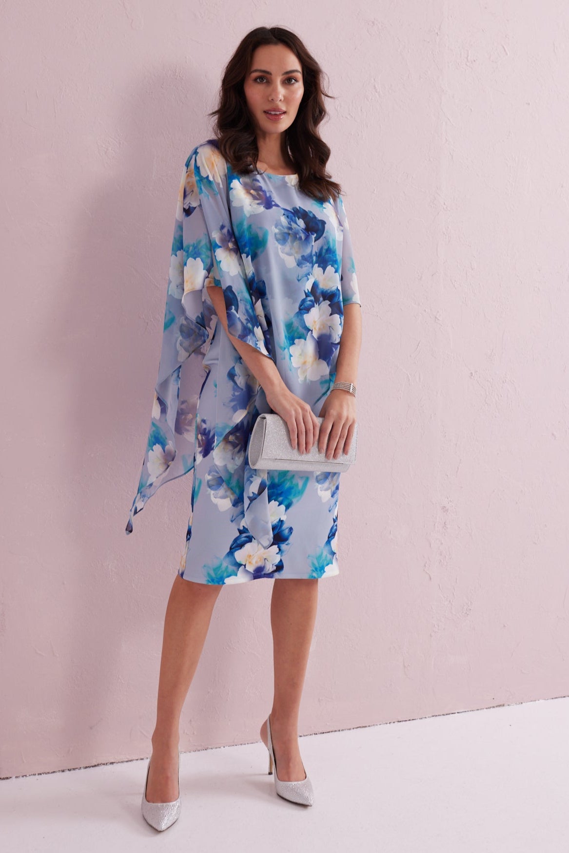 ROSALIE Blue Print Scuba Dress with Chiffon Cape. Exclusively from Samantha Jane Boutique