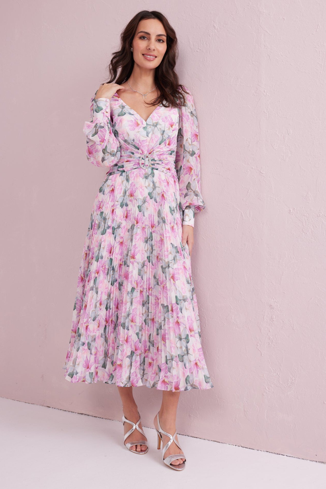 SERENE Pink Floral Print Pleated Dress with Diamante trim. Exclusive to Samantha Jane Boutique