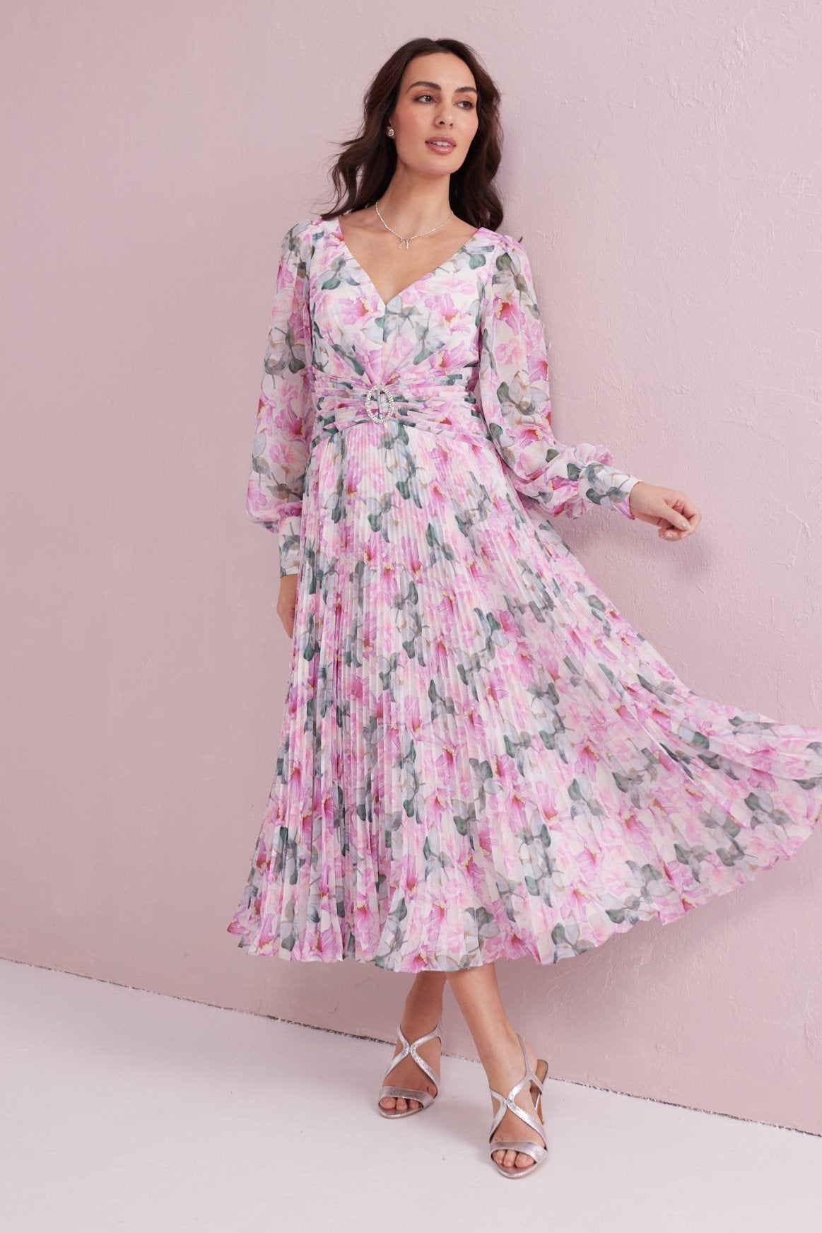 SERENE Pink Floral Print Pleated Dress with Diamante trim. Exclusive to Samantha Jane Boutique