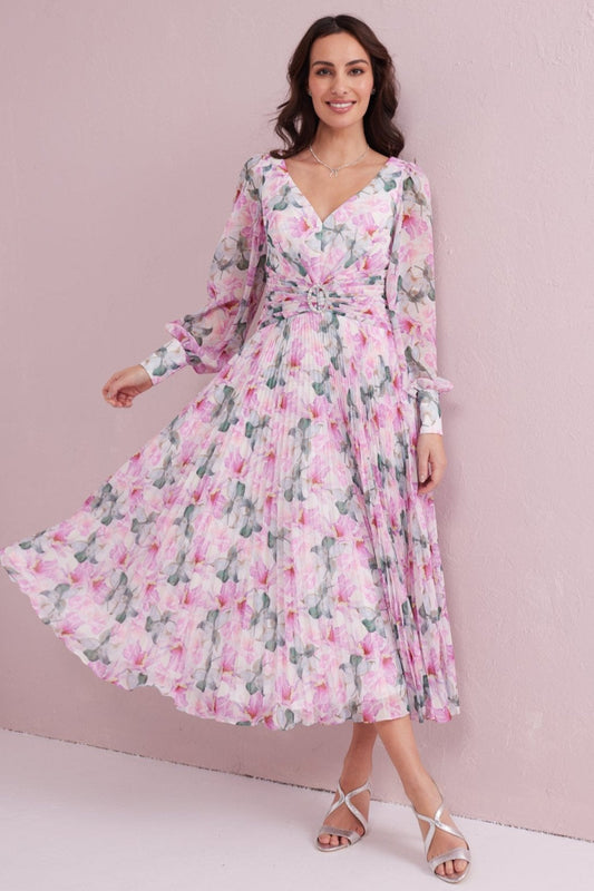 SERENE Pink Floral Print Pleated Dress with Diamante trim. Exclusive to Samantha Jane Boutique
