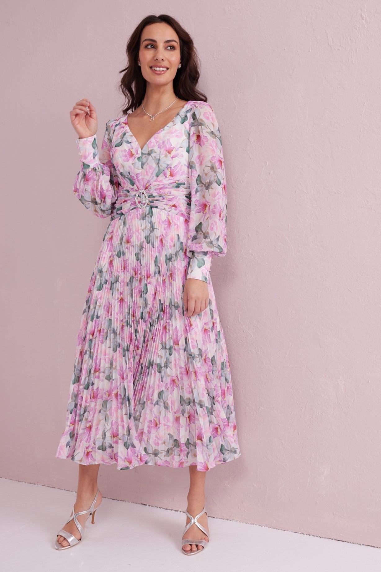 SERENE Pink Floral Print Pleated Dress with Diamante trim. Exclusive to Samantha Jane Boutique