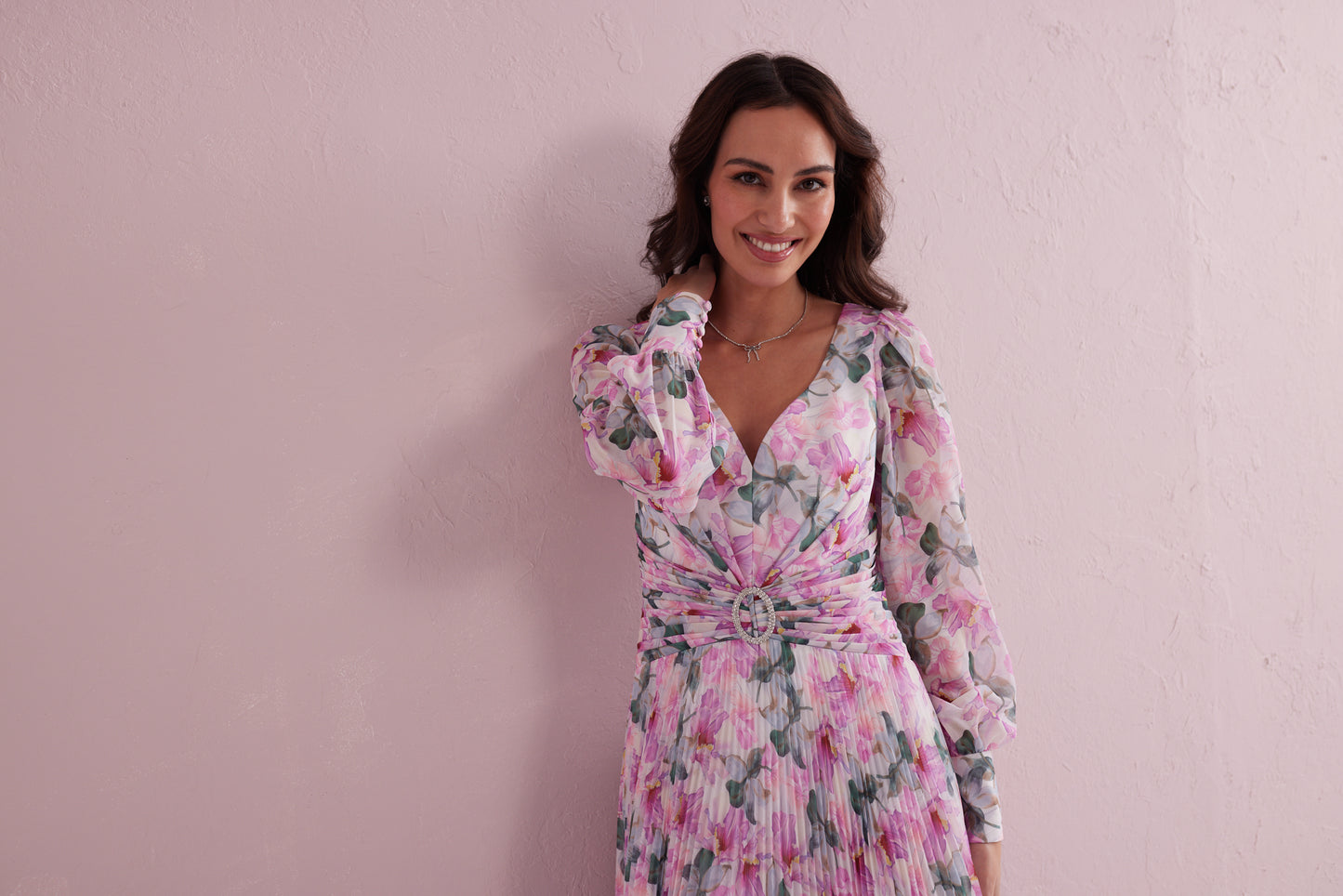 SERENE Pink Floral Print Pleated Dress with Diamante trim. Exclusive to Samantha Jane Boutique