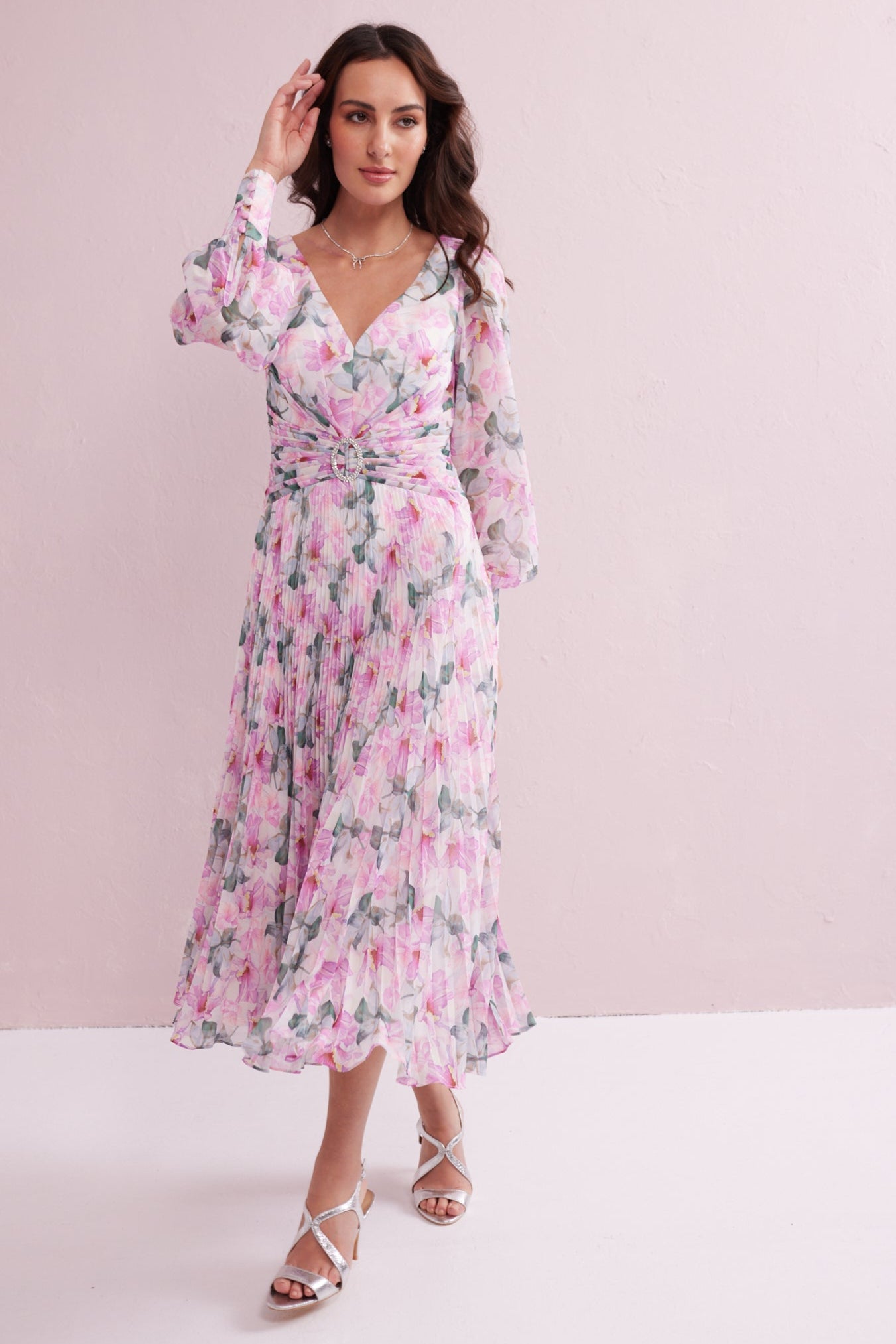 SERENE Pink Floral Print Pleated Dress with Diamante trim. Exclusive to Samantha Jane Boutique