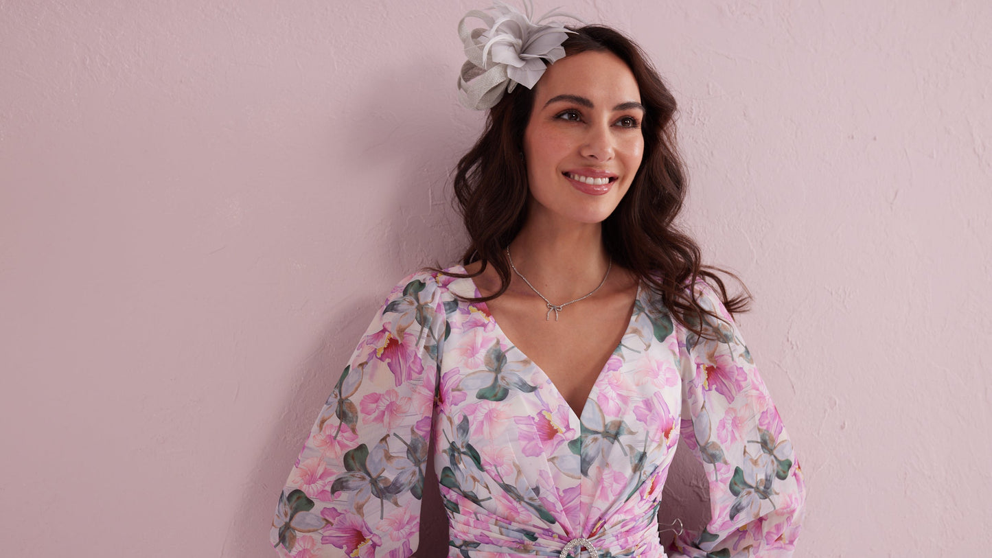 SERENE Pink Floral Print Pleated Dress with Diamante trim. Exclusive to Samantha Jane Boutique