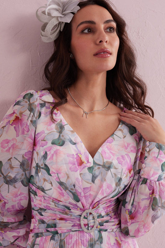 SERENE Pink Floral Print Pleated Dress with Diamante trim. Exclusively by Samantha Jane