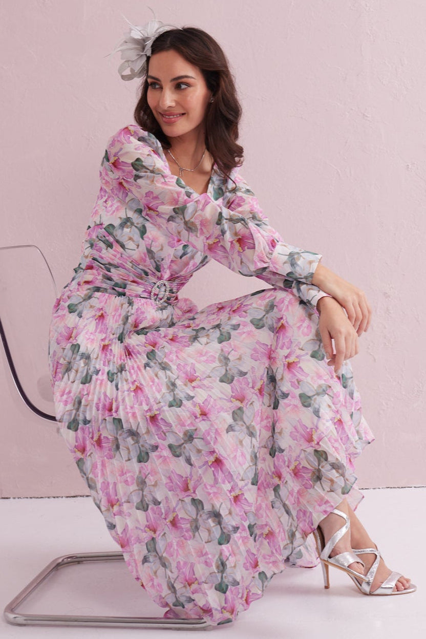 SERENE Pink Floral Print Pleated Dress with Diamante trim. Exclusive to Samantha Jane Boutique