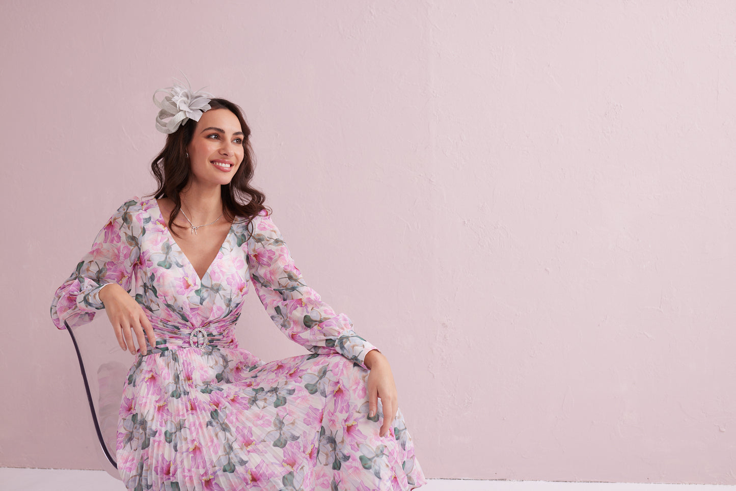 SERENE Pink Floral Print Pleated Dress with Diamante trim. Exclusive to Samantha Jane Boutique